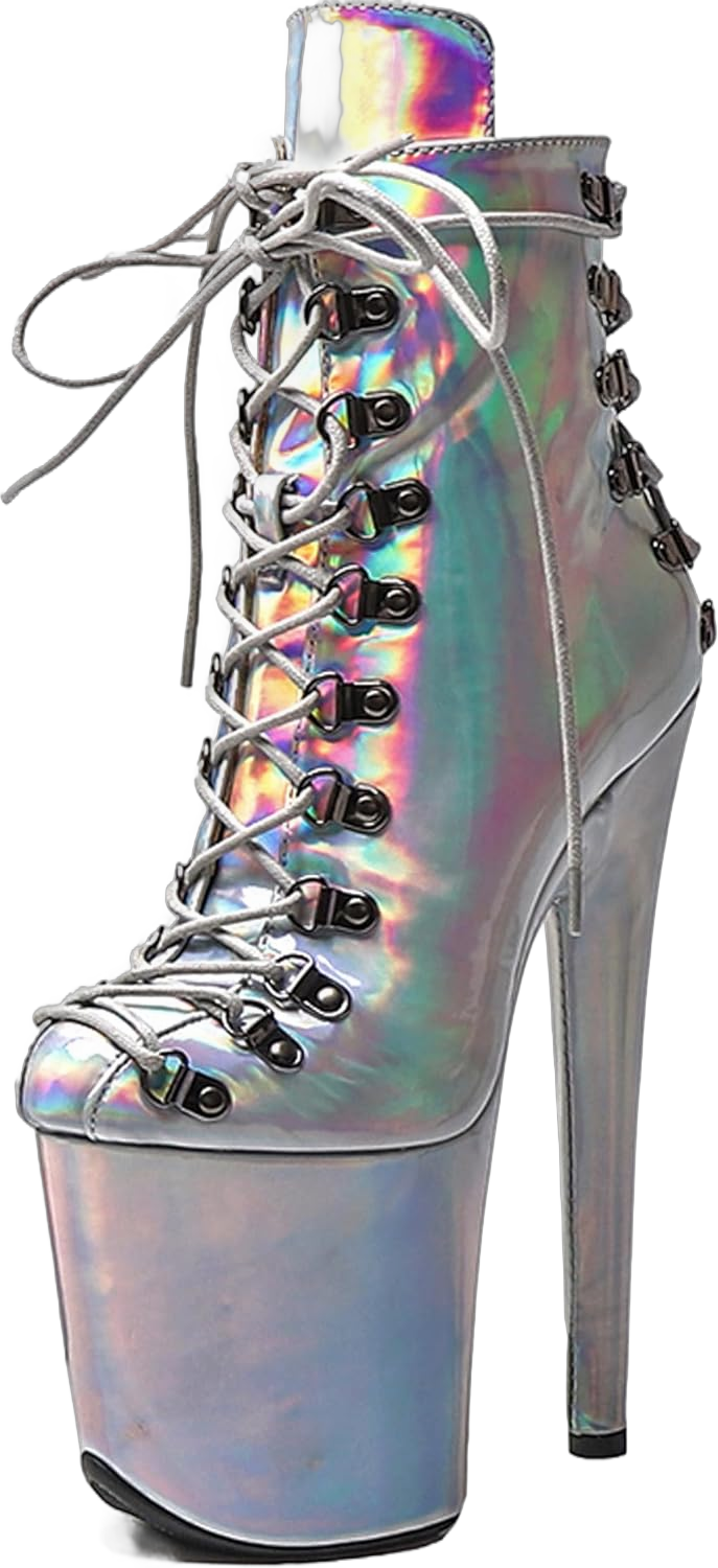 WUXIN H&P Women 8 Inch High Heel Lace-up Patent Leather Fashion Platform Stiletto Exotic Pole Dancing Ankle Boots Shoes 6 Silver