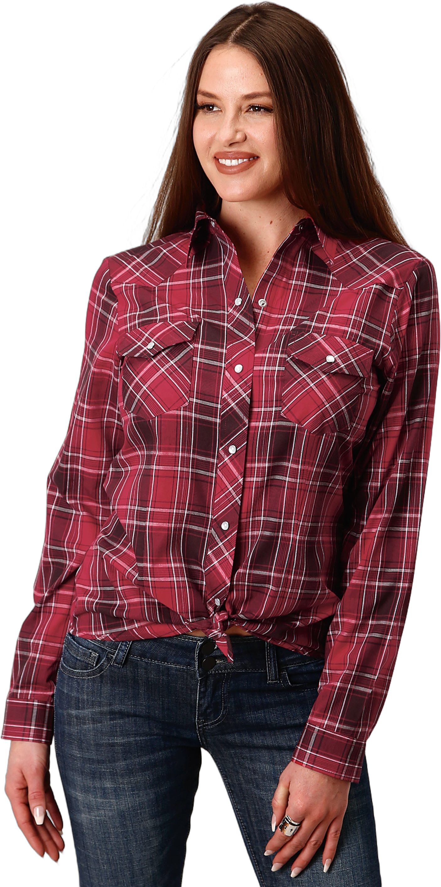 Roper Womens Long Sleeve Snap Bright Red Plaid Western Shirt