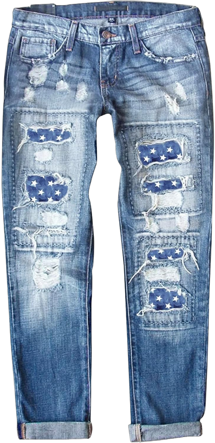 Trendy Stars Print Patched Jeans for Women Casual Ripped Denim Trousers Patriotic Stretchy Mid Waist Straight Leg Pants S-5XL X-Large Type - a