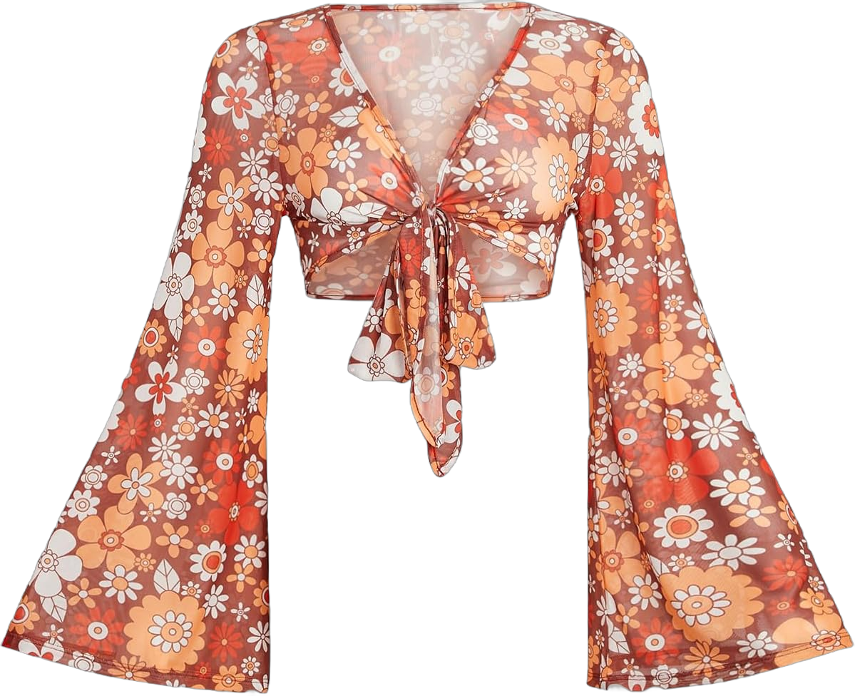 Verdusa Women's Boho 70s Tops Tie Front Bell Long Sleeve Floral Print Mesh Sheer Blouse Crop Tops Small Orange