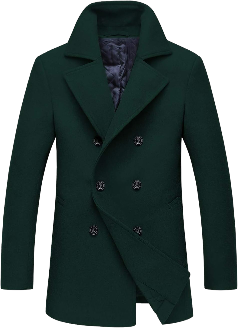 chouyatou Men's Classic Notched Collar Double Breasted Wool Blend Pea Coat X-Large Green