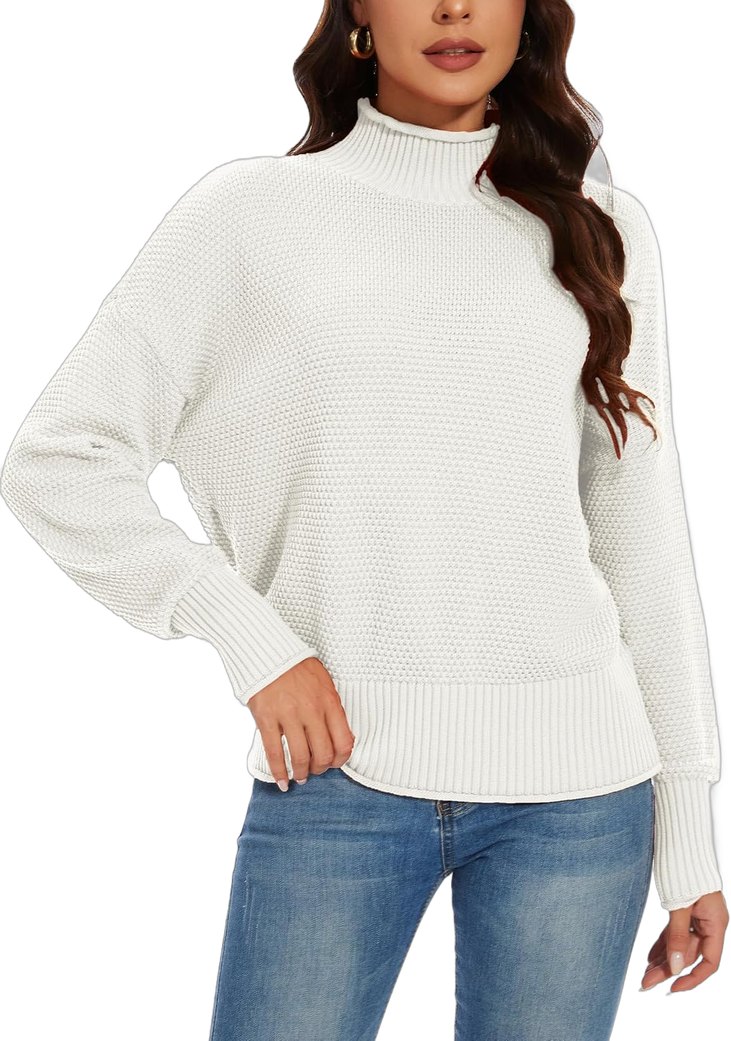 Women's 100% Cotton Turtleneck Oversized Sweaters 2024 Loose Long Sleeve Pullover Batwing Knit Jumper Cream X-Large