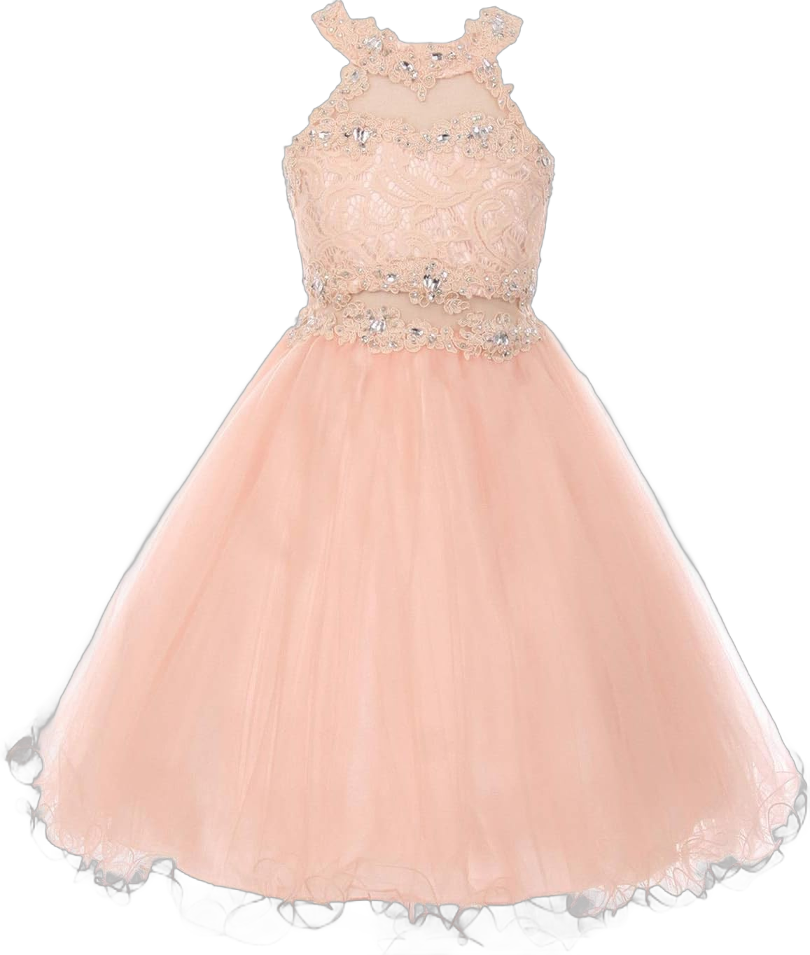 BluNight Collection Dazzling Halter Neck Lace Tulle Pageant Easter Graduation Flower Girl Dress 4-20 14 Blush