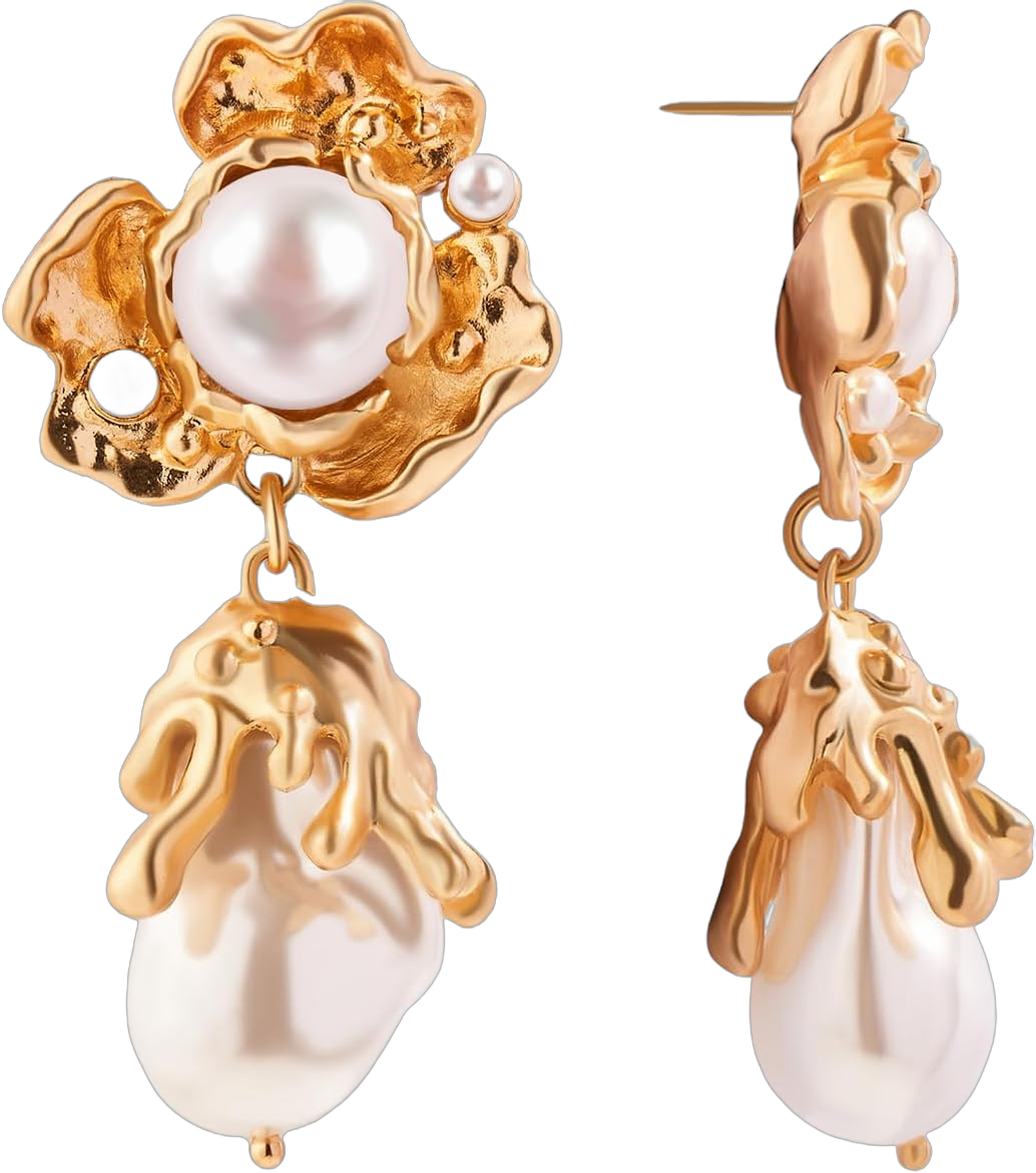 Vintage Gold Dangle Earrings for Women, 18K Gold Plated Freshwater Pearl Gold Hanging Drop Stud Earrings, Dainty Gold Baroque Earrings, 925 Sterling Silver Post Earrings, Women's Wedding Party Jewelry Gifts