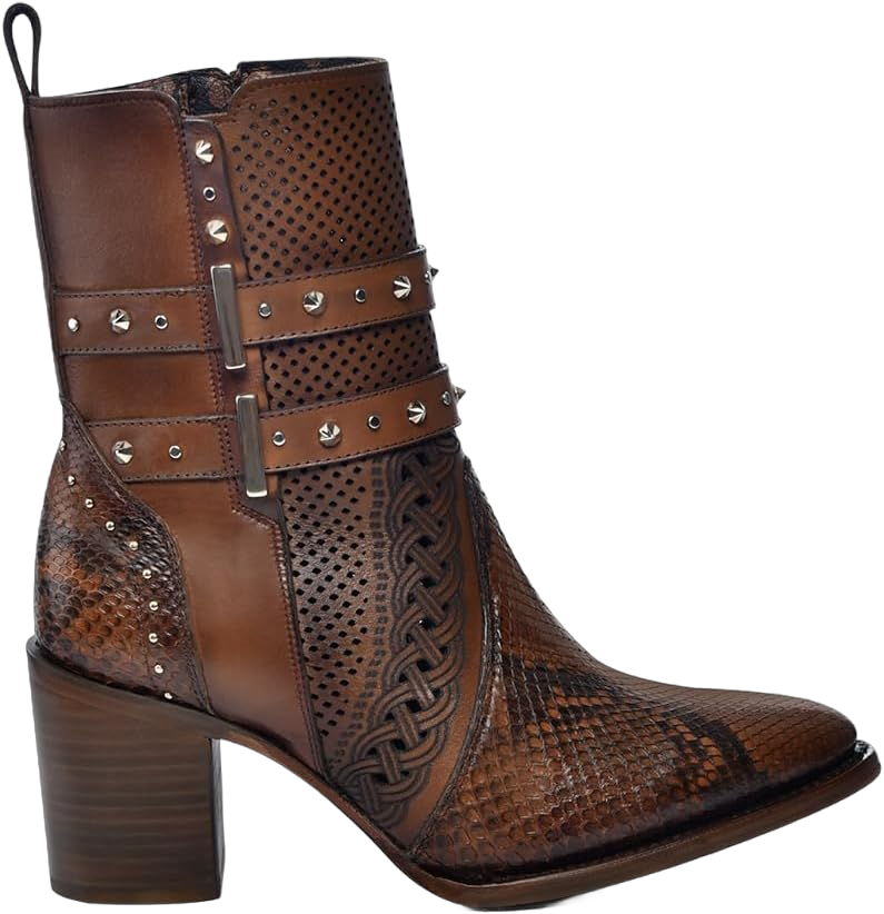 Cuadra Honey brown leather tall ankle bootie for women with decorated stripes 4Q14PH 8 Brown