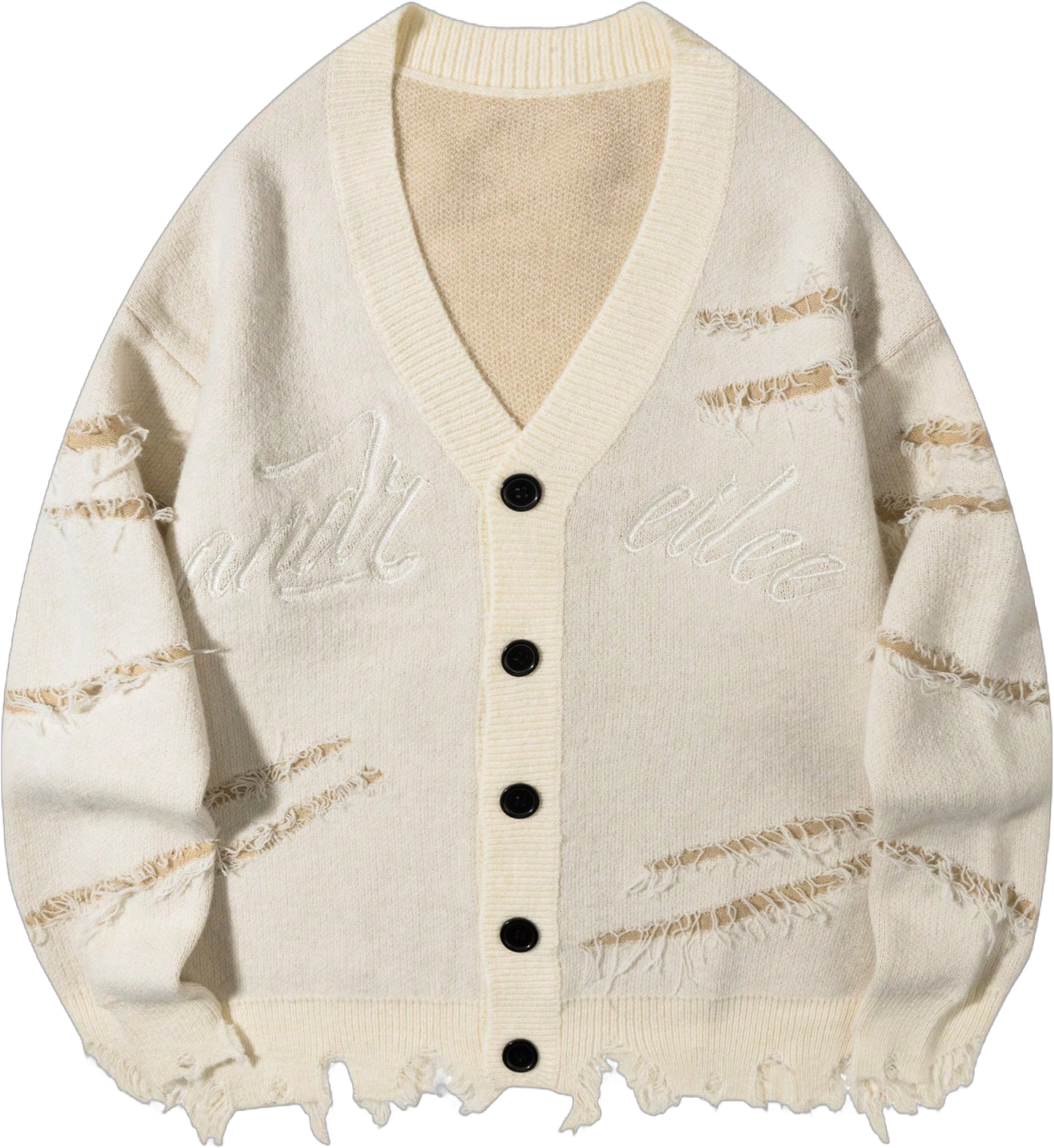 Unisex Casual V-Neck Distressed Letter Embroidery Frayed Long Sleeve Knitted Cardigan Sweater