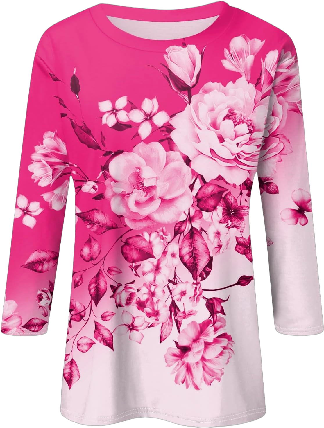 Summer Tops for Women 2024 3/4 Sleeve Crewneck Shirts Floral Print Tees Cute Graphic Tunics 3X-Large 01 Hot Pink