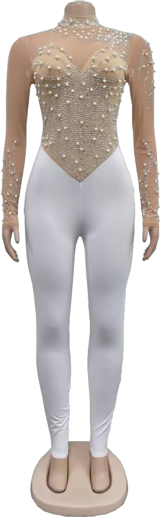 Women's Sexy Long Sleeve Pearl Rhinestone Jumpsuit Patchwork Sheer Mesh See Through Bodycon Jumpsuit Party Night Large Pearl - White