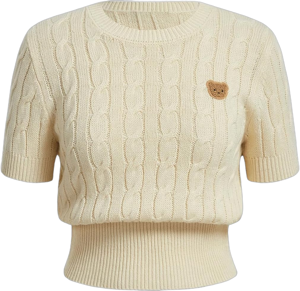 Verdusa Women's Cable Knit Pullovers Round Neck Short Sleeve Sweater Top Medium Beige