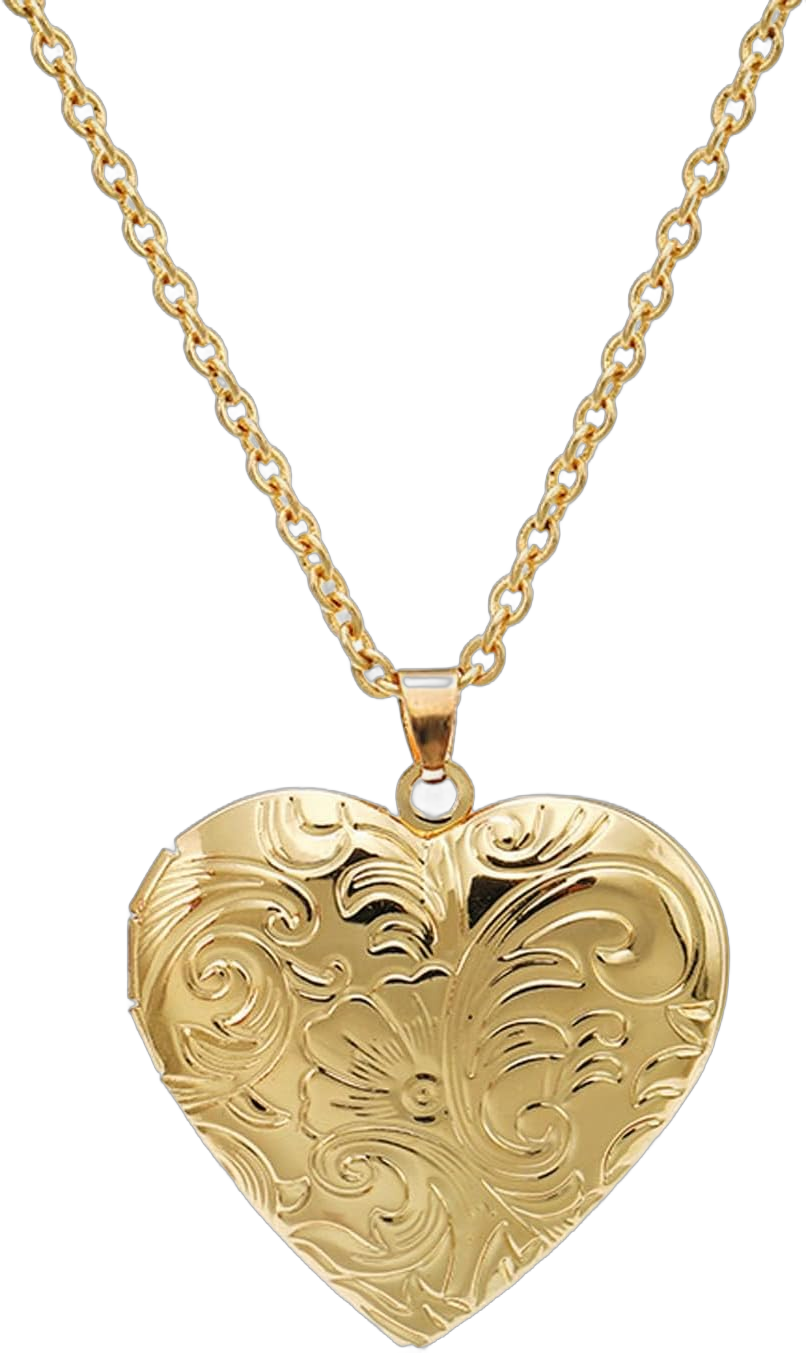 Vintage Engraved Flower Empaistic Photo Locket Hold Picture Oval Round Pendant Necklace Antique Carved Pattern Souvenir Memorial Clavicle Sweet Jewelry for Women gold heart