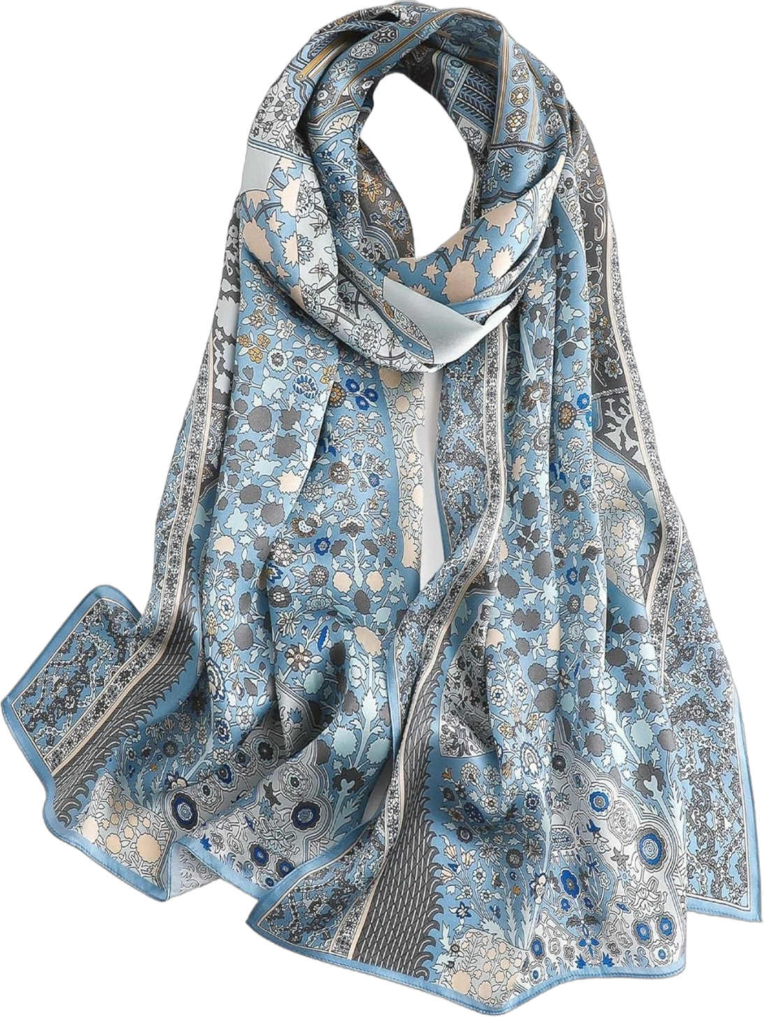 PoeticEHome 100% Mulberry Silk Long Scarf - Women's Large Oblong Sunscreen Shawl with Gift Packaging E1 - Blue Floral Print