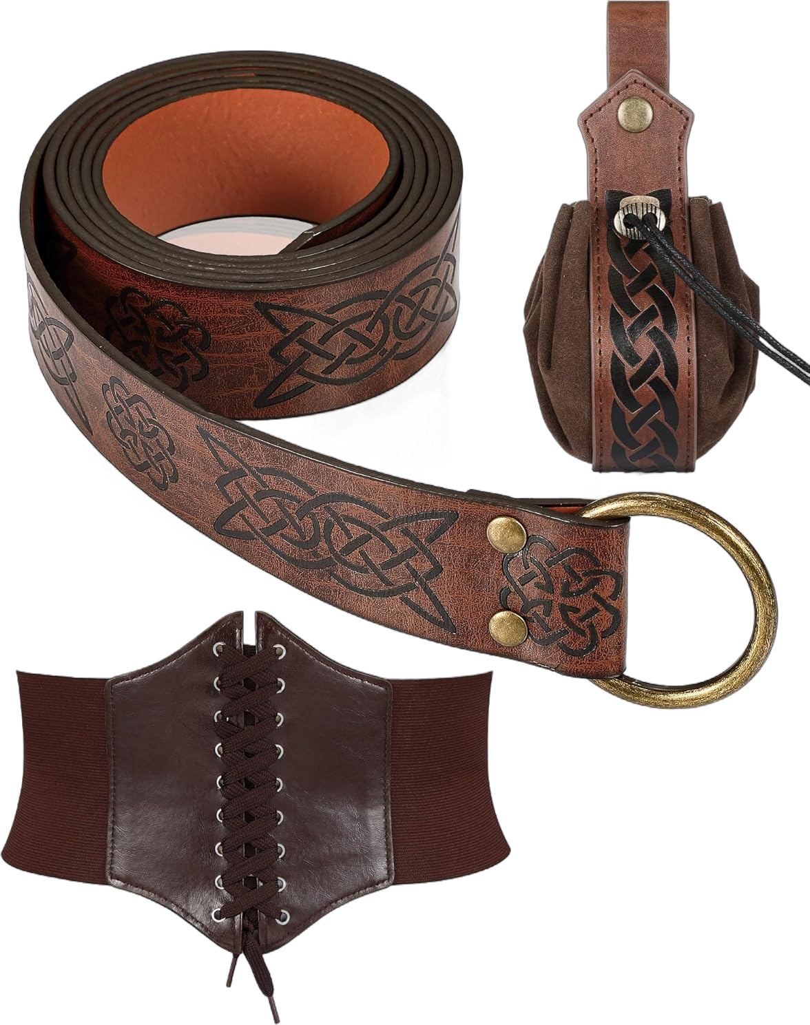 Jiuguva Women's Renaissance Corset Waist Belt Medieval Viking Belt Medieval Leather Belt Pouch Costume Accessories Brown